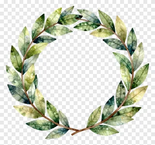 A circular wreath of green leaves with watercolor effect.
