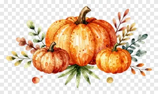 Watercolor illustration of pumpkins and leaves for Thanksgiving.