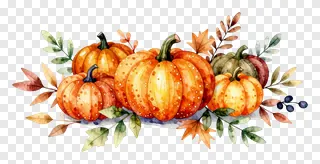 A watercolor painting of pumpkins and fall leaves in a garland arrangement.