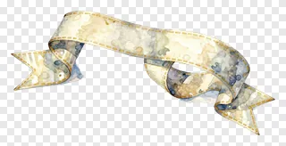 A watercolor-style ribbon with gold stitching.