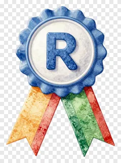 A watercolor-style badge with a tricolor ribbon.