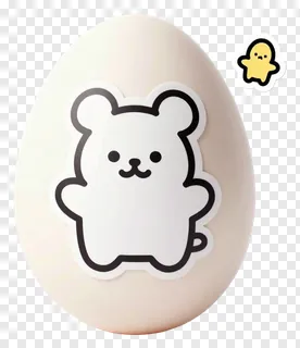 A white egg decorated with a bear sticker and a small ghost sticker.