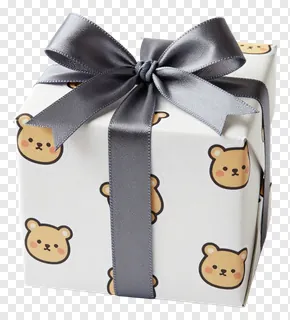 A white gift box with a gray bow and bear stickers.