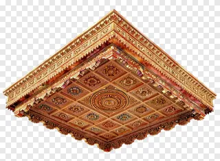 A carved wooden pandal ceiling with floral patterns.