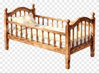 A wooden cradle with floral bedding and rounded posts.
