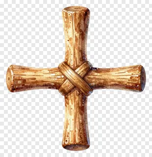 A wooden cross made of logs with a central knot.