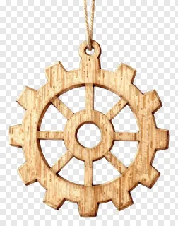 A wooden gear-shaped ornament with a hanging string.