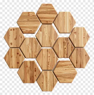 Circular arrangement of wooden hexagon wall tiles.