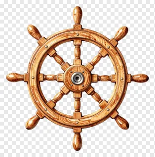 A wooden ship wheel charm with metal accents.