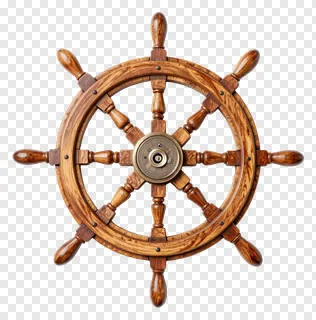 Decorative wooden ship wheel with brass hub.