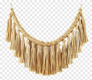 Woven bamboo tassel garland with hanging fringe.
