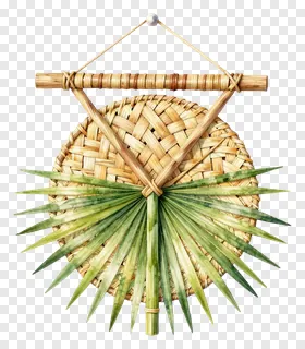 Circular woven wall hanging with palm fronds.