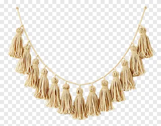 A woven rattan tassel garland hanging in a curve.