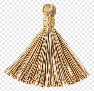 A woven rattan tassel with a knotted top and flowing strands.