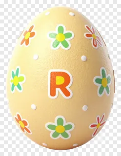 Yellow Easter egg with floral patterns and the letter R.