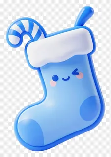 A blue cartoon stocking with a candy cane handle and a smiling face.