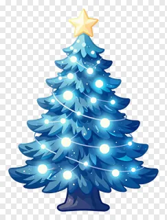 A blue Christmas tree with glowing lights and a star on top.