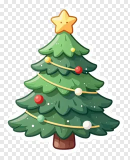 A cartoon Christmas tree with colorful ornaments and a star.