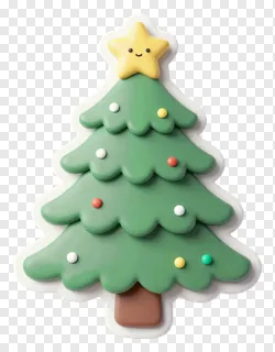 A cute 3D Christmas tree with a smiling star and colorful ornaments.