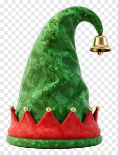 A green elf hat with leaf texture and a gold bell.
