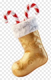 A golden Christmas stocking with candy canes.