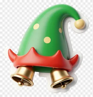 A green elf hat with bells and polka dots.