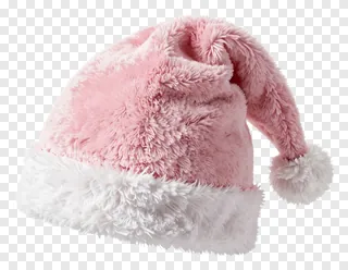 A pink fuzzy Santa hat with white trim.