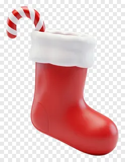 A red Christmas stocking with a candy cane sticking out.