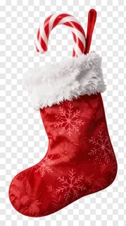 Red Christmas stocking with white fur trim and candy cane.