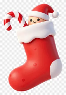 A red Christmas stocking with a smiling face holding a candy cane.