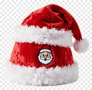 A red velvet Santa hat with white fur trim and a small Santa face emblem.