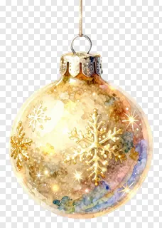 A glowing Christmas ornament with watercolor design and golden snowflakes.