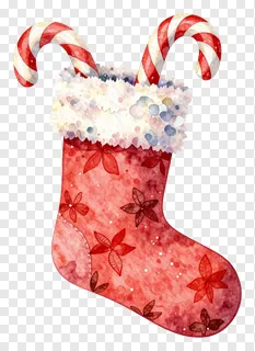 A red watercolor Christmas stocking with candy canes.