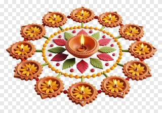 A circular terracotta diya rangoli with lit flames and decorative leaves.