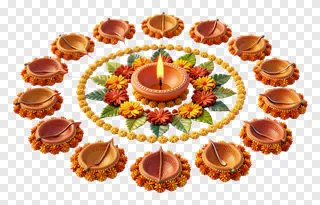 A circular arrangement of terracotta diyas with flowers and leaves.