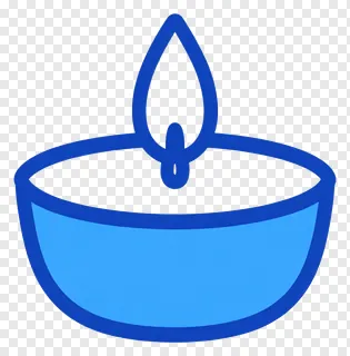 A blue candle in a blue bowl with a white flame.