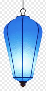 A blue glass hanging lantern with a glowing interior.