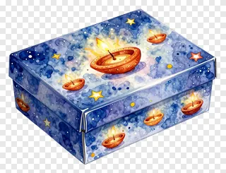 A blue gift box with star and diya designs.