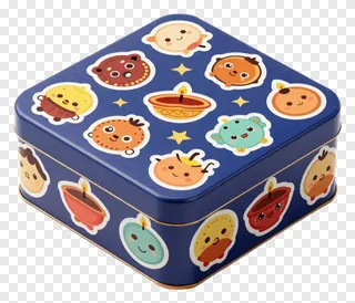 A blue tin box with cartoon sweets stickers.