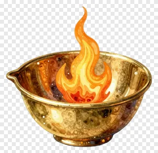 A brass diya with a flame inside.