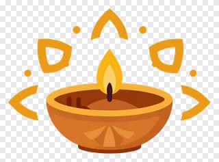 A cartoon diya with three flames and orange decorative circles.