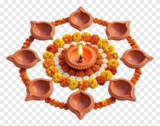 Circular arrangement of terracotta oil lamps with flowers around a burning center lamp.