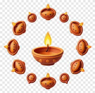 Circular arrangement of terracotta diyas with flames.