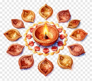 A watercolor-style diya circle rangoli with a central lit lamp.
