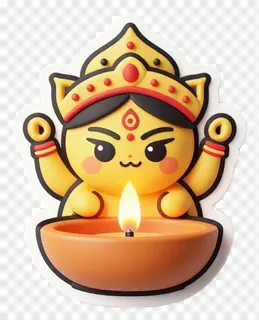 A cartoon Durga holding a lit diya.
