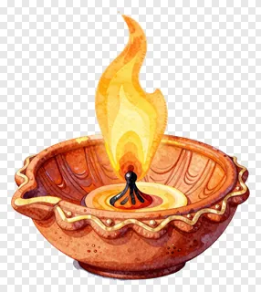 A clay diya with a flame burning inside.
