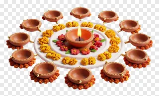 Circular terracotta diya arrangement with a lit center diya.