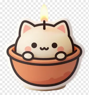 A candle designed as a cute cat in a bowl with a lit flame.