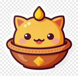 A cute cartoon cat inside a diya with a flame on its head.