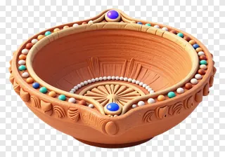 A decorated clay diya with beads and carvings.